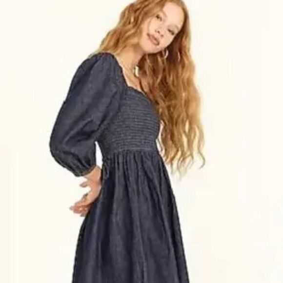 J. Crew Smocked puff-sleeve dress in chambray size Xxs NWT - Picture 5 of 8
